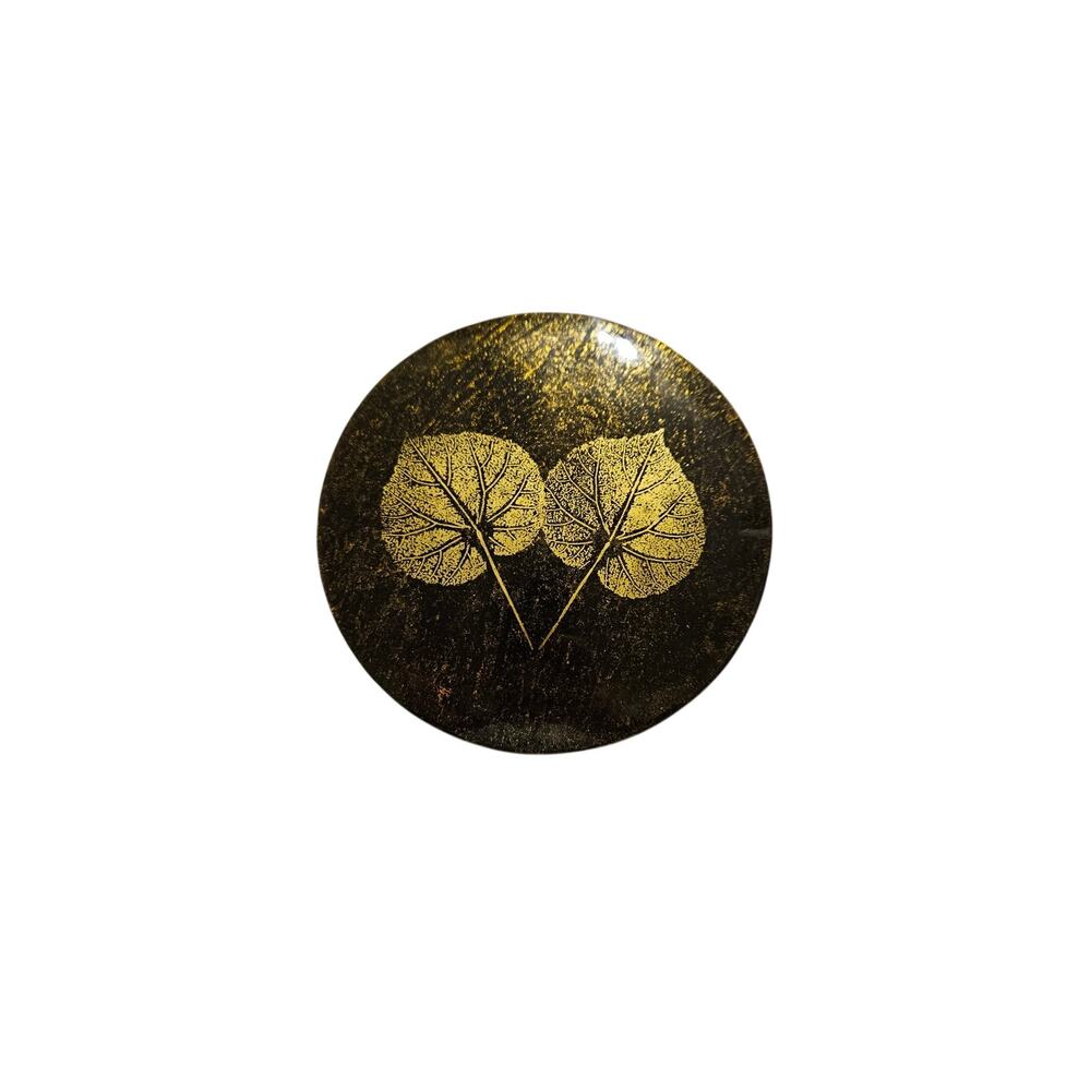 Pier 1 Black Lacquer Drink Coaster Set of 6 in Round Box Gold Ginko Leaf